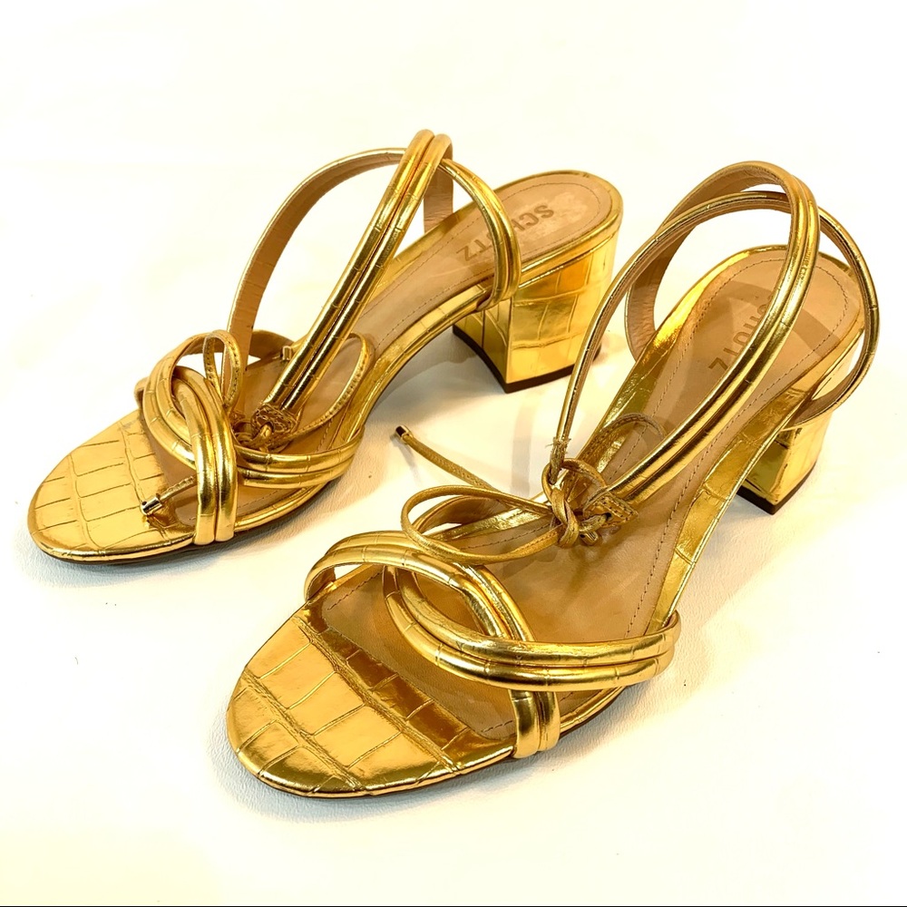 Schutz Gold Strappy Block Heel Sandals 9.5 B EUC